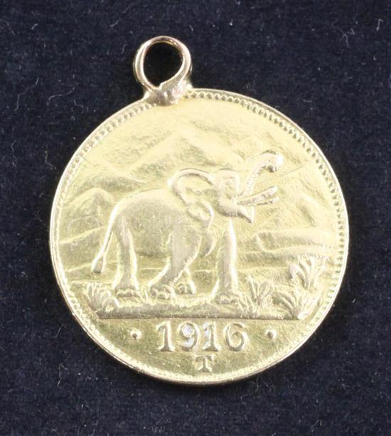 A German East African 15 Rupien World War I 1916 Seige gold coin or Tabora Pound, Type B (mounted with suspension ring).